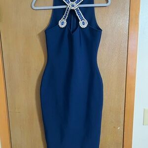 Navy Jewel-Embellished Halter Bodycon Dress